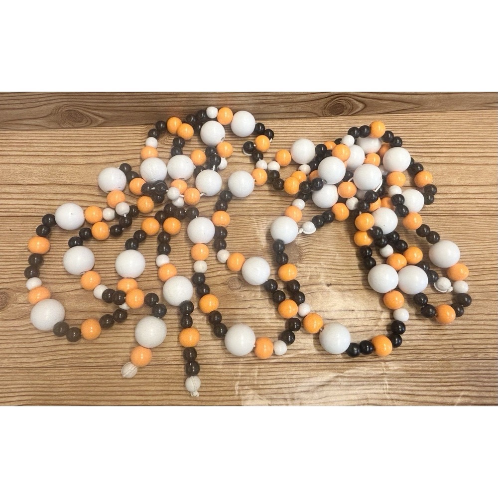 2 Garland Strands Orange Black White Wood Wooden‎ Beads Halloween Fall Boho 13' - Picture 2 of 3